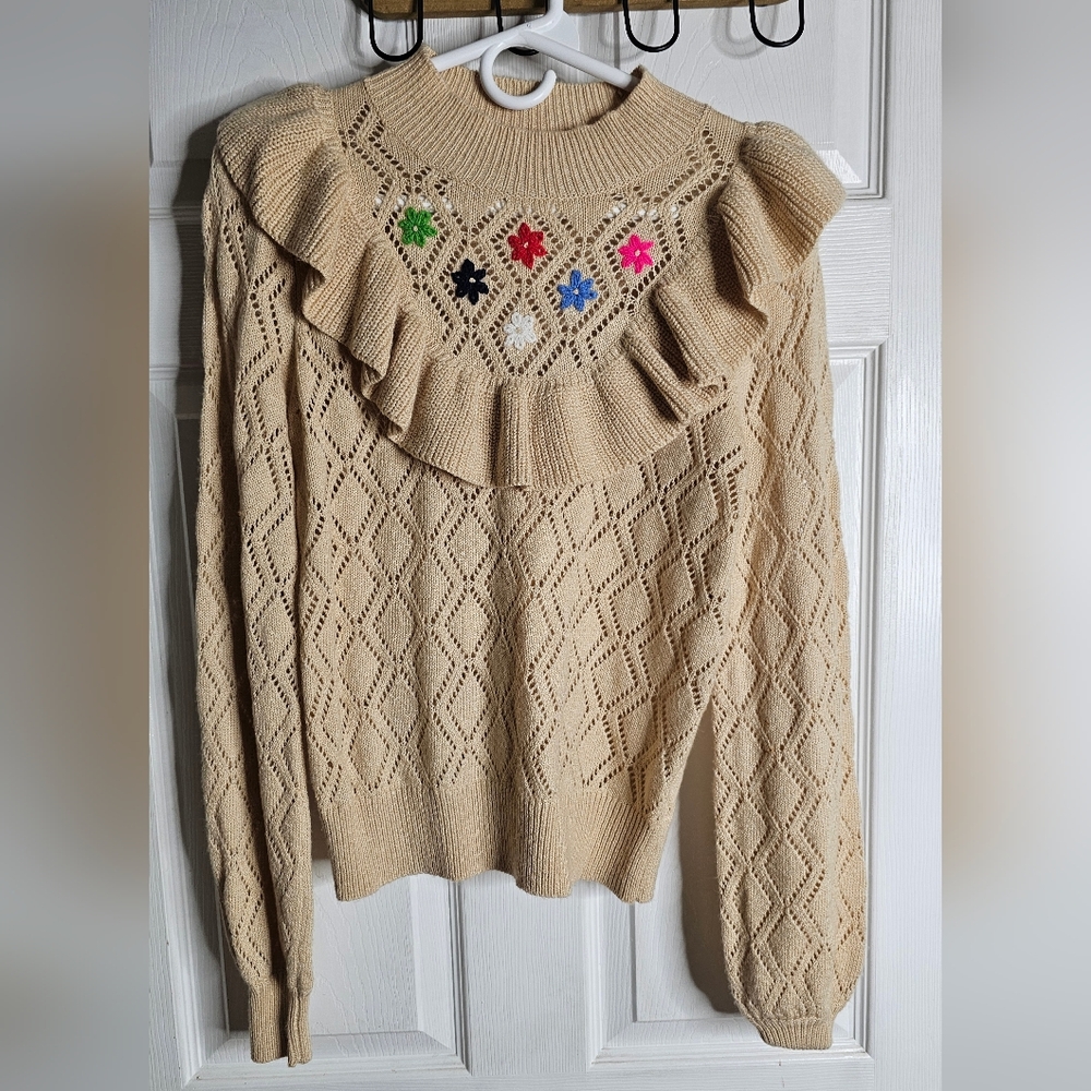 Lilly Pulitzer Bereda Ruffle Long Sleeve Sweater Heathered Sand Bar Size Small